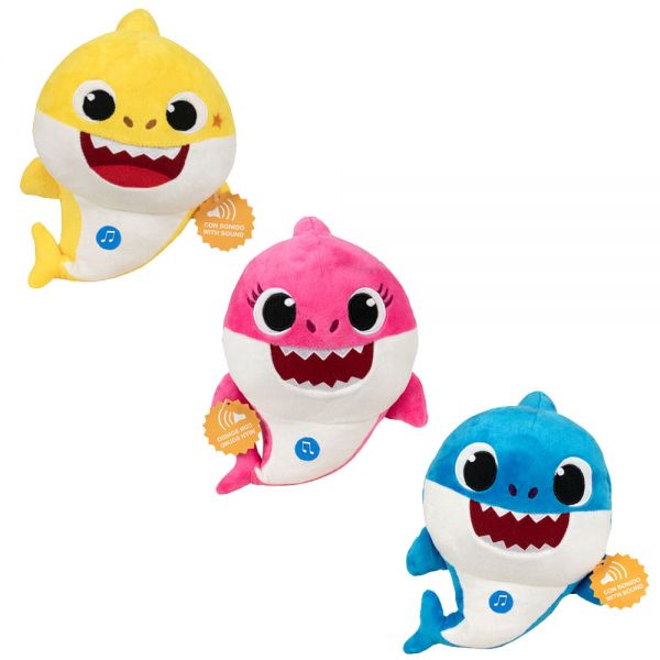 Комплект 3 плюшени играчки Baby, Mummy & Daddy Shark, Със звуци, 18 см