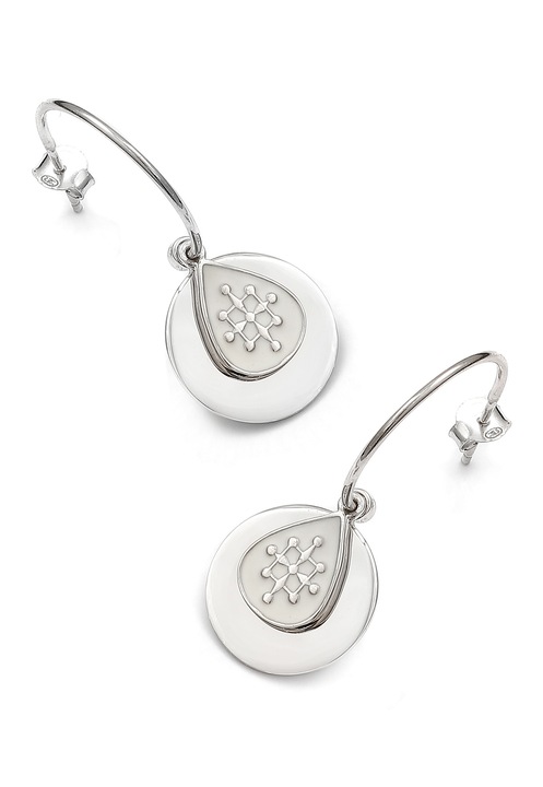 Cercei Dama Din Argint, Silver & Gems, Cercuri Cu Email Alb, Lungimea Pandantivului 2 cm, Diametrul Cercului 2 cm, Argint 925 Rodiat, Email Alb Cu Ornamente Argintii, Inchidere Cu Tija, Pandantiv Dublu, Femei, Argintiu