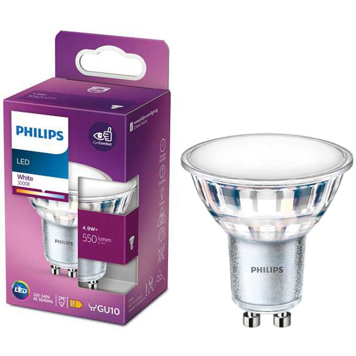 Крушка LED Philips PAR16, Тип спот, GU10, 4.9W, 550 лумена, Топла бяла светлина (3000K), Енергиен клас E