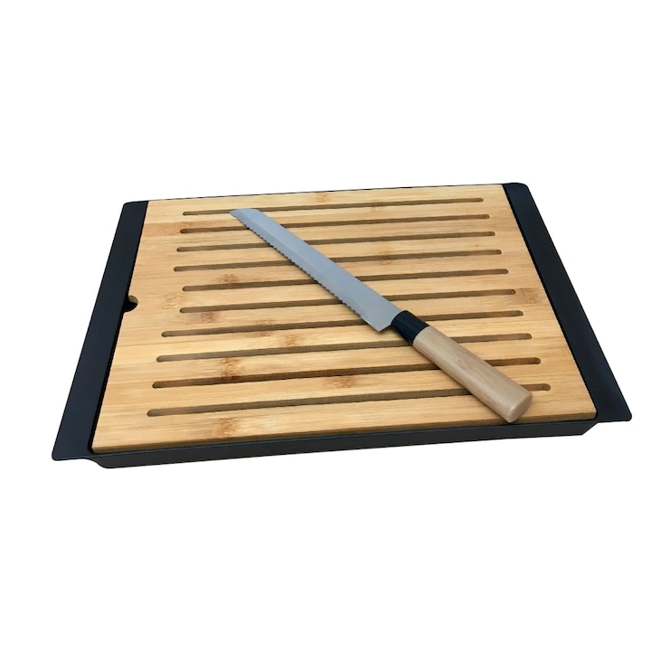 Tocator pentru paine din bambus cu tava pentru firimituri din plastic negru, Frandis, 38x27.2x2 cm, bambus/polipropilena