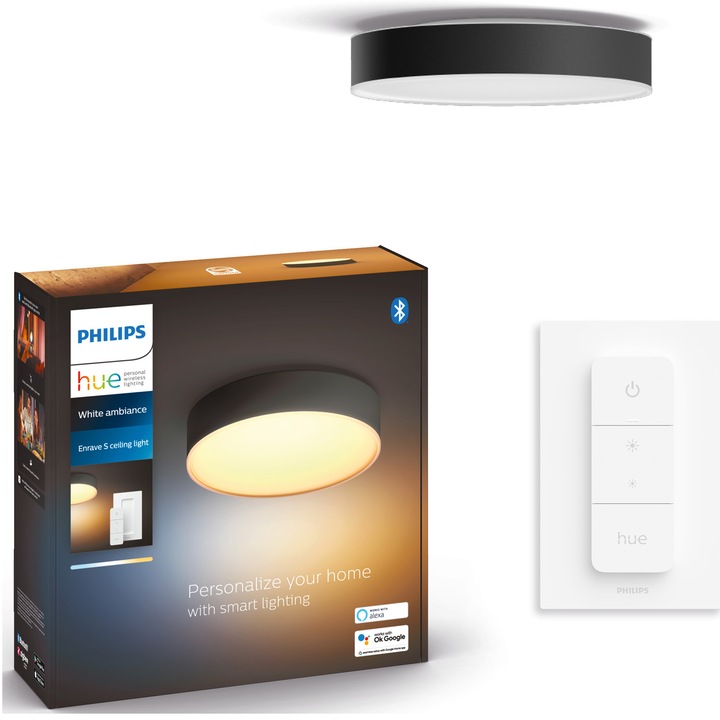 Plafoniera LED inteligenta Philips Hue Enrave, Bluetooth, 9.6W, 1220 lm, lumina ambianta alba (2200-6500K), 26.1cm, Intrerupator cu variator inclus, clasa energetica F