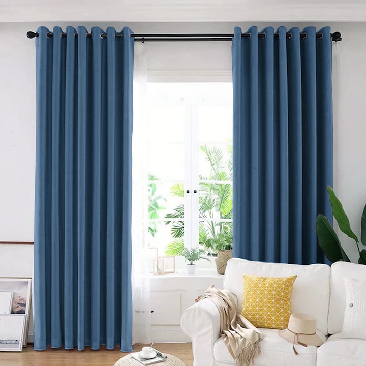 Set draperie din catifea blackout cu inele argintii, Madison, 150x270 cm, densitate 700 g/ml, Dark Cerulean, 2 buc