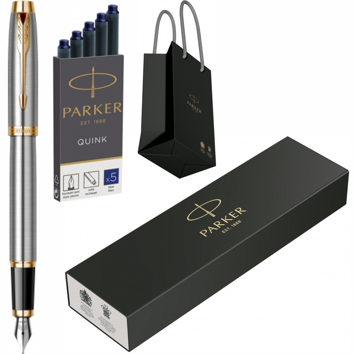 Set Stilou Parker IM Royal Brushed Metal GT cu gravura laser inclusa, cartuse lungi Parker Quink 5 buc si punga Parker