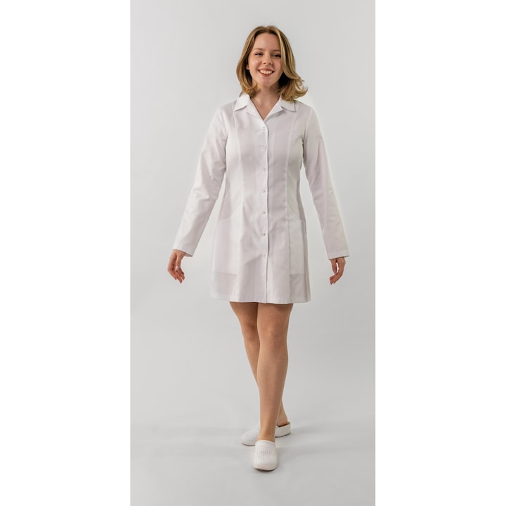 Halat medical pentru studenti, de dama, Sofia, cu rever, maneca lunga, culoare alb, marime XL