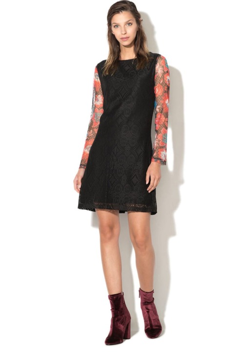 Desigual, Дантелена рокля Pichi с мрежести ръкави, черна, 36