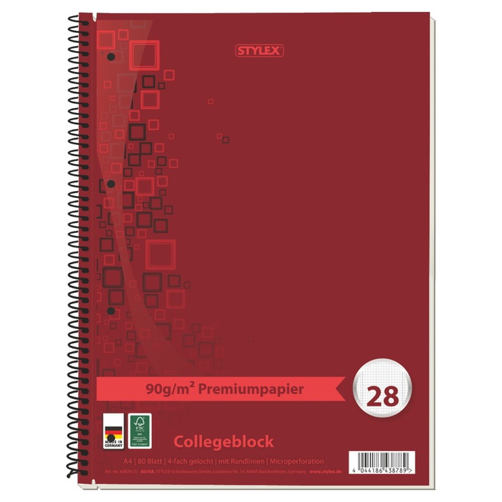 Caiet A4 Stylex Premium paper 90gr, 80 coli matematica, 4 perforatii