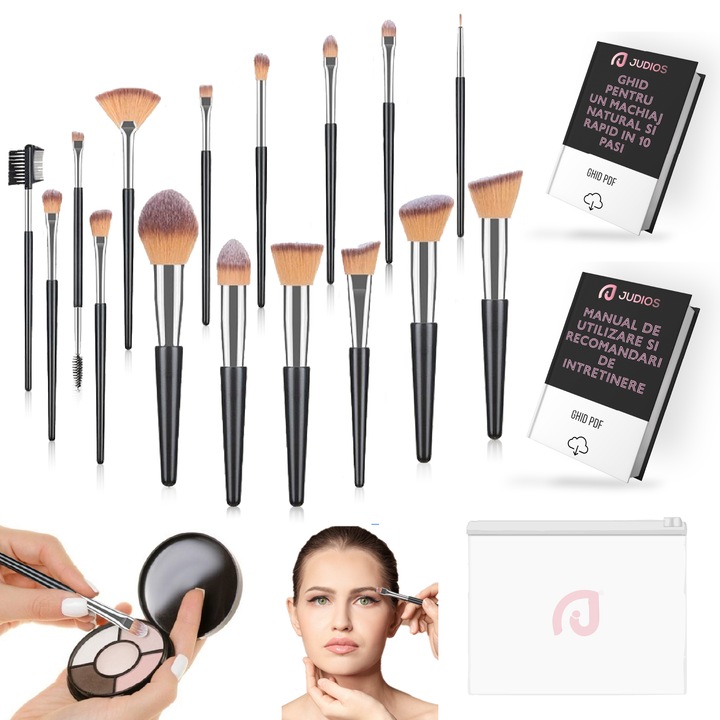 Set 16 pensule machiaj, Judios®Complete, maner lemn, makeup profesional/incepatori, ghid pentru machiaj, manual utilizare si recomandari in limba romana, pensula sprancene, pensula iluminator, pensula pudra, pensule capete duble, Negru