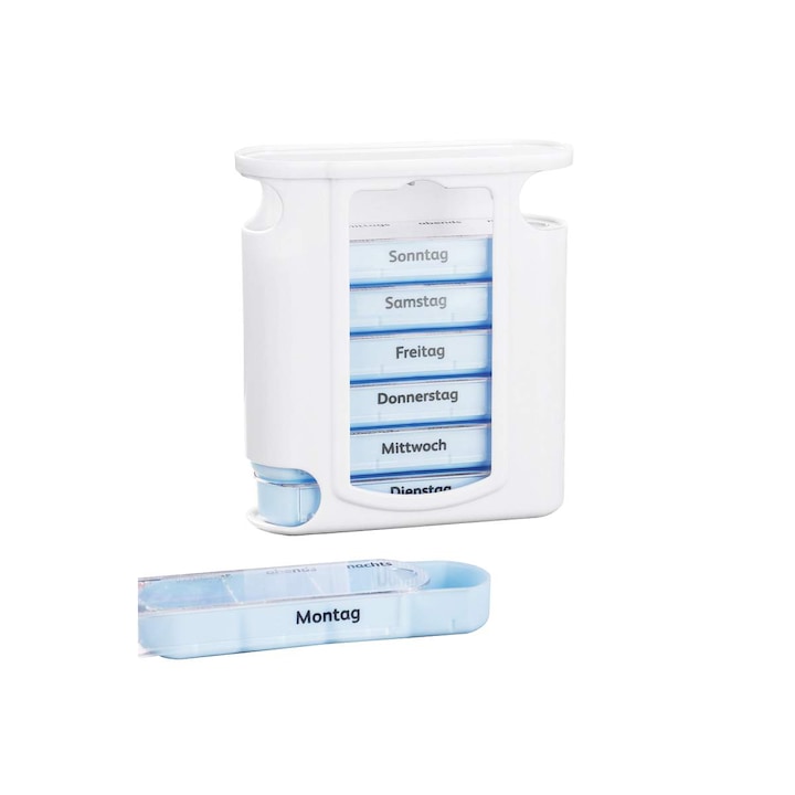 Cutie pastile, organizator medicamente saptamanal, Haushalt International, recipiente detasabile cu 4 compartimente, alb/albastru, 11.5 X 13 X 4 cm