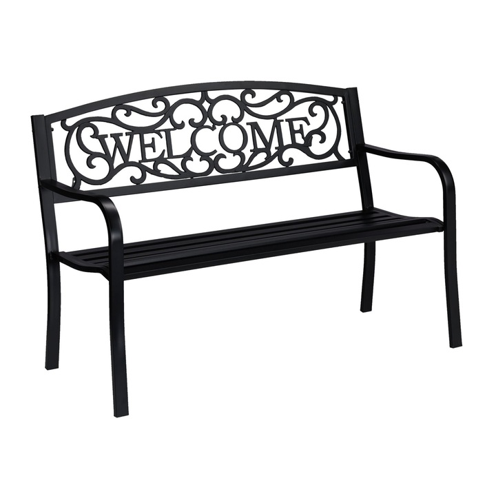 Banca de gradina, metal, negru, capacitate 2 persoane, 87cm x 127cm x 61cm, Relaxdays