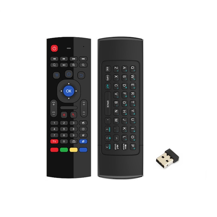 Univerzális "air mouse" távirányító egér funkcióval, voice remote control, MX3, vezeték nélküli, billentyűzet, USB, okos TV/PC/laptop, fekete