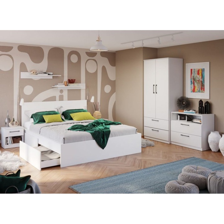 Set Dormitor, Snow C06, Pat cu 2 sertare, 160x200, Dulap, Comoda, Noptiere, Culoare Alb