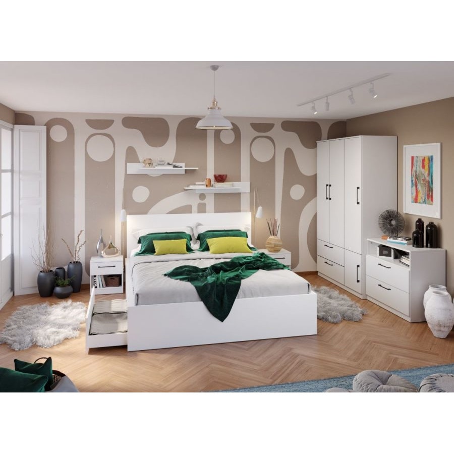 Set Dormitor, Snow C09, Pat cu 2 sertare, 160x200, Dulap 124cm
