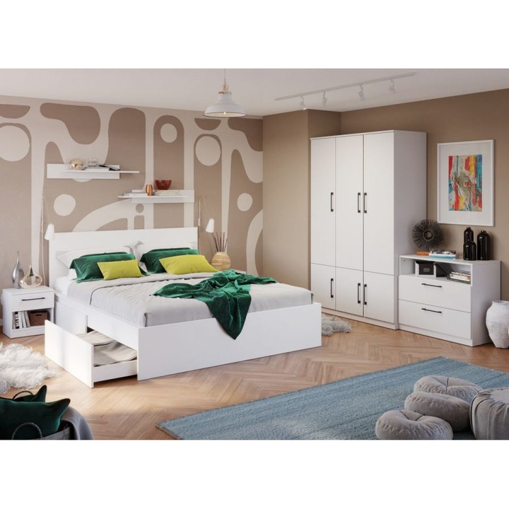 Set Dormitor, Snow C10, Pat cu 2 sertare, 160x200, Dulap 124cm, Comoda, Noptiere, Culoare Alb