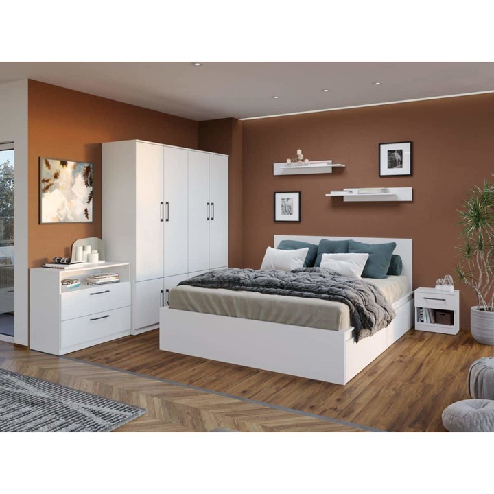 Set Dormitor, Snow C14, Pat cu 2 sertare, 160x200, Dulap 164cm, Comoda, Noptiere, Culoare Alb