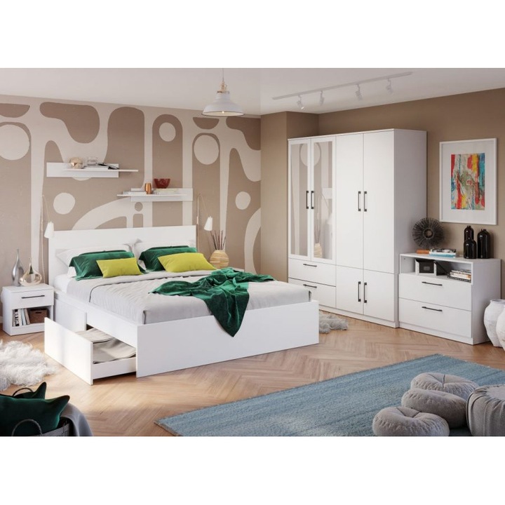 Set Dormitor, Snow C15, Pat cu 2 sertare, 160x200, Dulap 164cm, Comoda, Noptiere, Culoare Alb