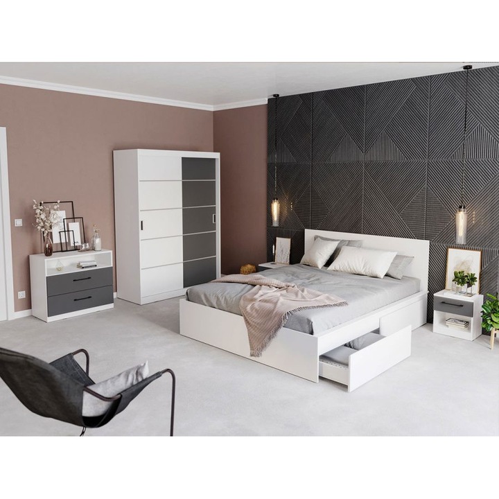 Set Dormitor Avangard, c/01, Pat netapitat 2sertare,160x200cm, Dulap 138cm, Noptiere, Comoda, culoare alb/gri antracit