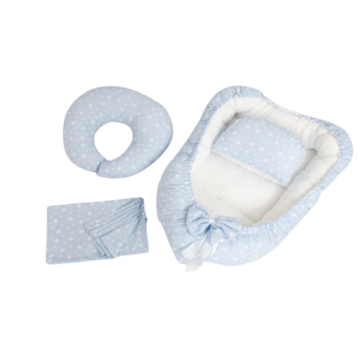 Set cuib, Coccoo Bebe, Pentru bebelus, 3 piese, Cu perna de alaptare, Cu plapuma, Albastru