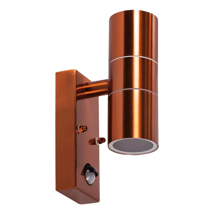 Aplica Exterior/Gradina, cu Senzor de Lumina si Miscare, 2xGU10, 35W, culoare Cupru, montaj aparent, otel inoxidabil si sticla, IP65