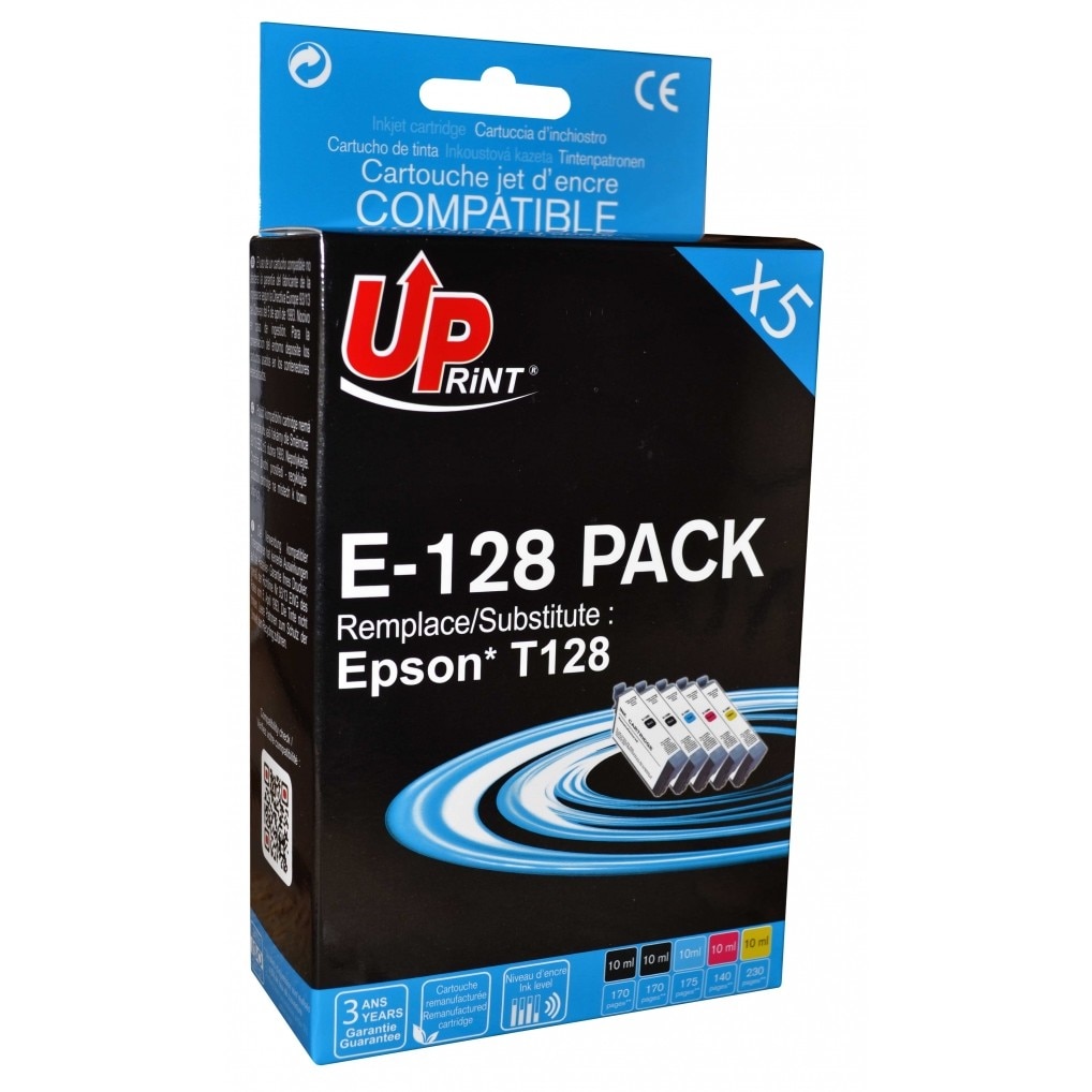 Set cartuse cerneala UPRINT EJ128UPRP5 Cyan/Magenta/Galben/Negru, 5 x 10 ml, compatibil T128