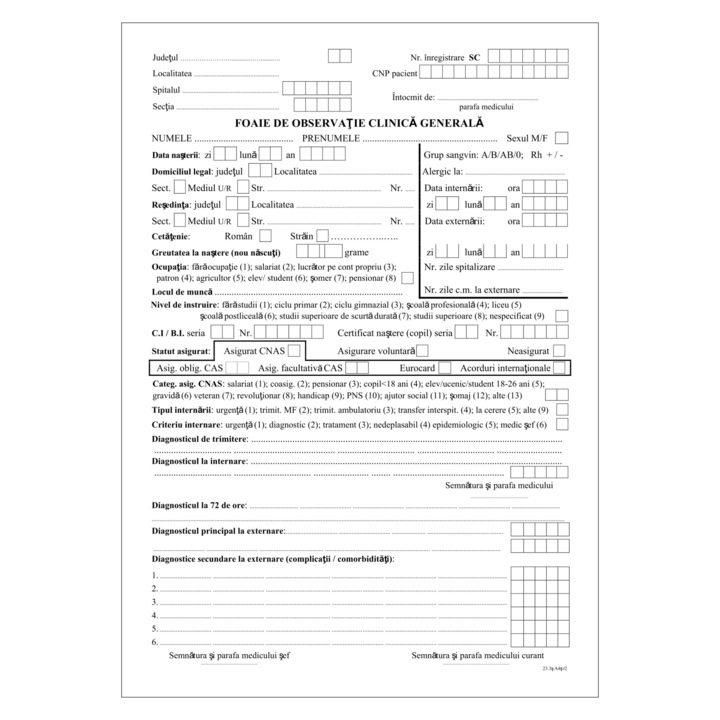 Set 10 bucati Foaie de observatie clinica generala, Format A3