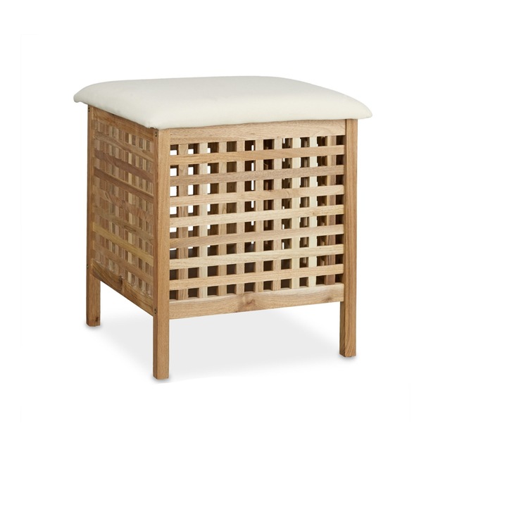 Cos de rufe tip scaun, lemn de nuc, tapiterie de in, volum 52 L, maro natur/alb, 49 x 49 x 52 cm