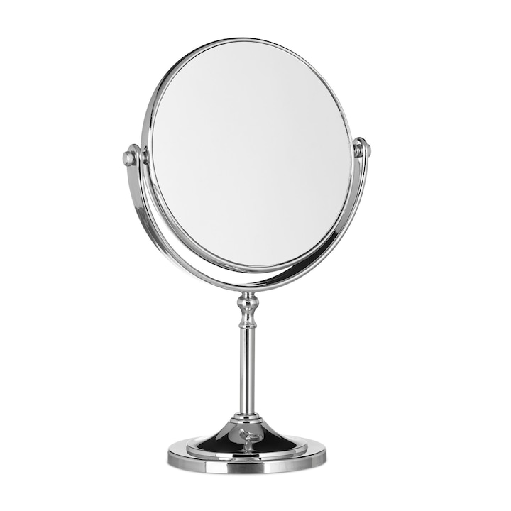 Oglinda cosmetica, 2 fete vizualizare, normala si amplificare 2X, rotatie 360º, argintiu, 28 x 18 x 10 cm