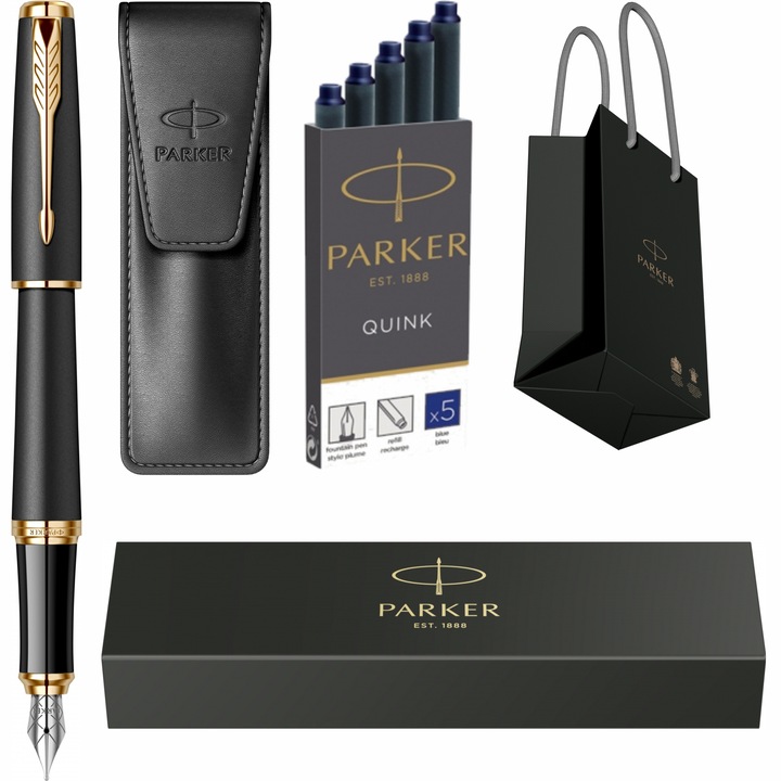 Set Stilou Parker Urban Royal Muted Black GT cu gravura laser inclusa, cartuse lungi Parker Quink 5 buc, etui Leather Black si punga Parker