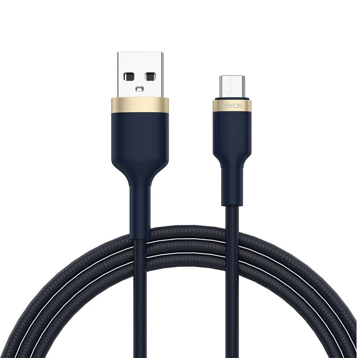 Cablu USB - microUSB Vayox Premium Line VA0058, 1m, 3.0A, Nylon impletitura, Albastru inchis/Auriu