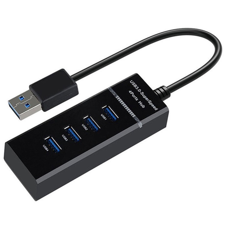 USB 3.0 хъб, 4 порта, LED осветление, 30 см, черен
