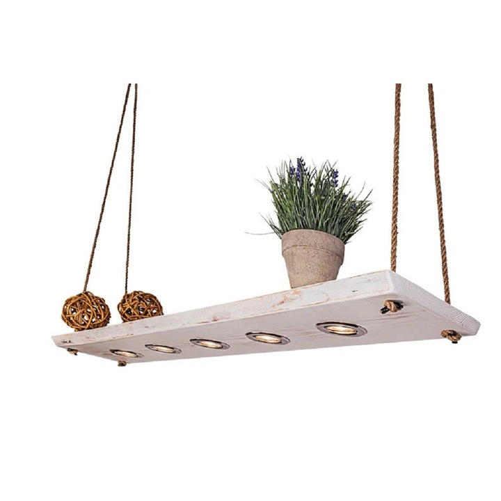 Corp de iluminat suspendat Cojom Primavara, alb antique, cinci becuri din lemn masiv