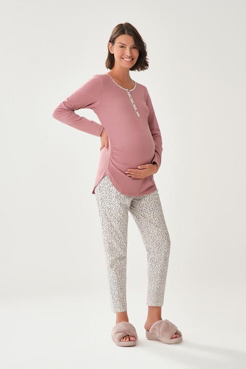 DAGI, Pijama cu model floral pentru gravide, Alb/Roz prafuit, 5XL