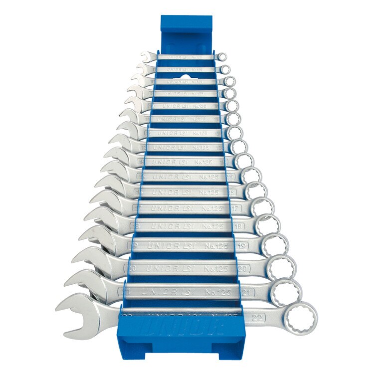 Set de chei combinate scurte cu suport metalic, marca Unior compus din 17 piese