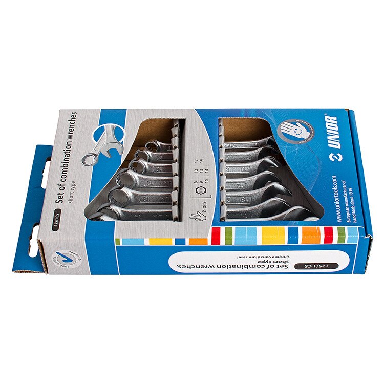 Set de chei combinate scurte in cutie de carton, marca Unior, N0: 8, 9, 10, 12, 13, 14, 17, 19 mm