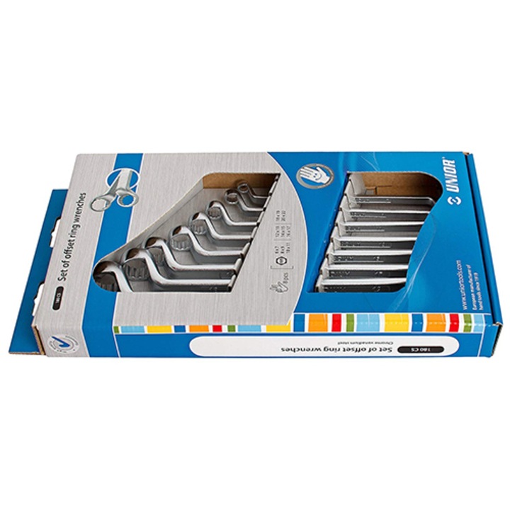 Set de chei inelare dublu cotite in cutie de carton, marca Unior compus din 8 piese