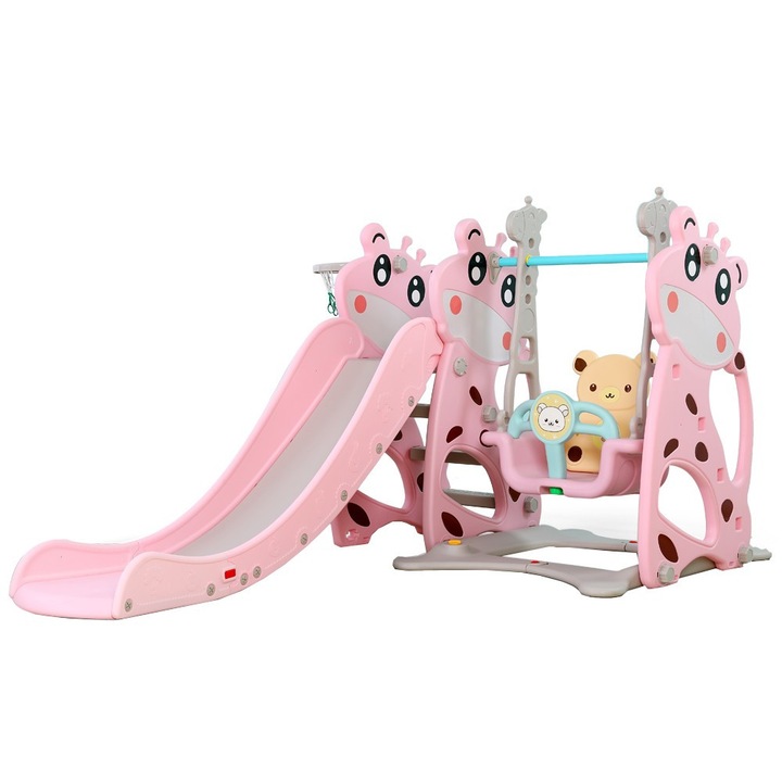 3 az 1-ben gyermekcsúszda NOVOKIDS Zsiráf játszótér, hintával, beltéri és kültéri, max. 40 kg, kosárlabda karika, rózsaszín
