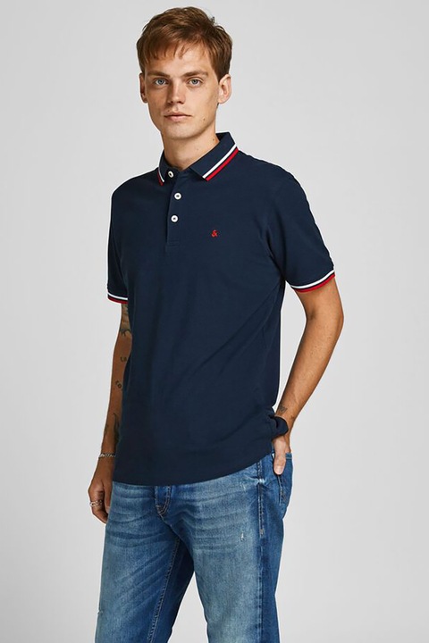 Jack & Jones, Tricou polo slim fit de bumbac organic Paulos, Rosu/Alb/Bleumarin