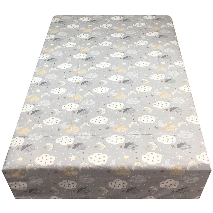 Cearceaf ranforce gri, pentru copii 210x240cm pentru pat mediu, pentru saltea intre 160-180 cm, "Vis cu norisori" din bumbac ranforce, by Liz Line - CR210231