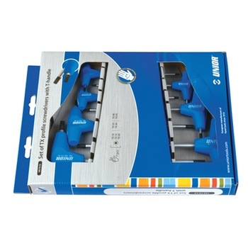 Set de surubelnite profil TX cu maner in T in cutie de carton, marca Unior compus din 7 piese Set de surubelnite profil TX cu maner in T in cutie de carton, marca Unior compus din 7 piese