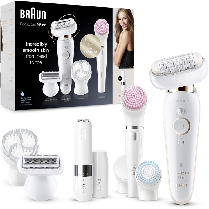 Epilator Braun Silk-epil 9 9/9105 Sistem Flex + Mini aparat pentru indepartarea parului facial, SensoSmart™, Micro-Grip, Wet & Dry, 40 pensete, 2 viteze, Braun FaceSpa 5 accesorii, cap de ras, cap de tuns, Saculet pentru voiaj, Alb/Auriu