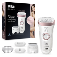 Epilator Braun Silk-épil 9 9/725 SensoSmart, Micro-Grip, Wet & Dry, 40 pensete, 2 viteze, cap de ras, cap de tuns, cap de precizie pentru fata, Saculet petru voiaj, Alb/Rose