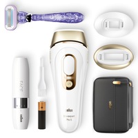 Epilator IPL Braun Silk-expert PRO 5 PL5149, Skin pro 2.0, 125 de impulsuri pe minut, 10 niveluri de intensitate, trusa de voiaj, mini aparat de ras facial, aparat de ras Venus, alb/auriu