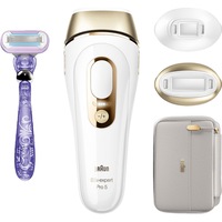 Epilator blit Braun Silk-expert IPL PL5157, intensitate 10, SkinPro 2.0 (SensoAdapt), pana la 125 blituri/min, alb/auriu + cap de precizie cadou, aparat de ras Venus, geanta moale