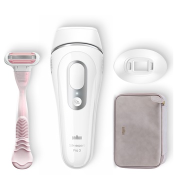 Epilator IPL Braun Silk-expert PRO 3 PL3133, SkinPro (SensoAdapt), 3 trepte de intensitate, alb/argintiu