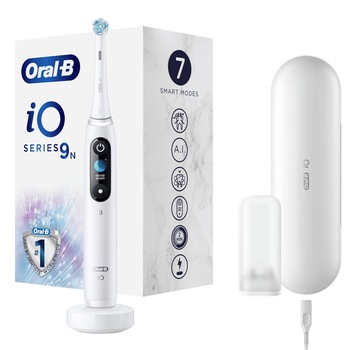 Periuta de dinti electrica Oral-B iO9 cu Tehnologie Magnetica si Micro-Vibratii, Inteligenta artificiala, Display led, Senzor de presiune Smart, 7 moduri, Alb