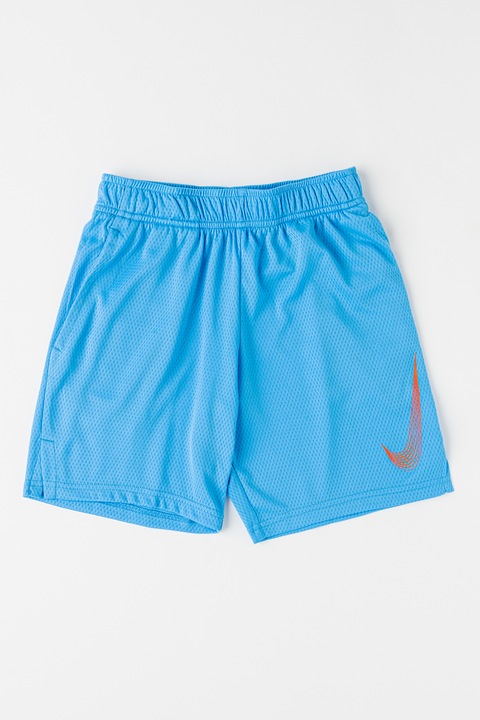 Nike, Къс фитнес панталон с Dri Fit и лого, Светло синьо