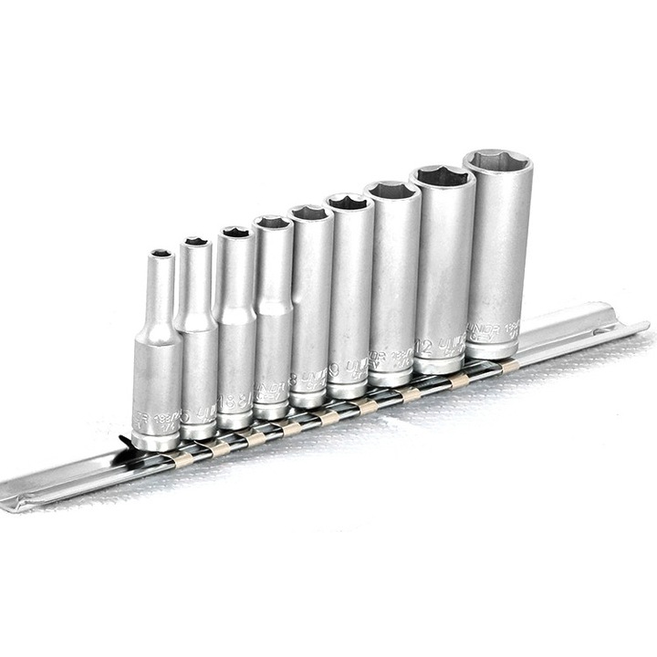 Set de capete chei tubulare varianta lunga 1/4", pe sina, marca Unior compus din 9 piese