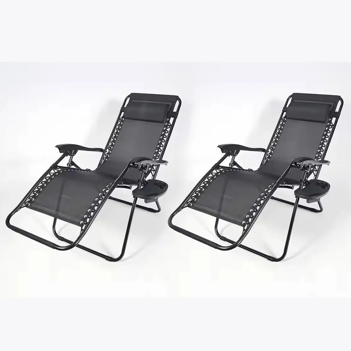 Set 2x Scaune tip Sezlong Pliabil Gravitatie Zero pentru Terasa, Gradina sau Plaja cu Tetiera si Suport Bauturi, Reglabil, Maro/Negru