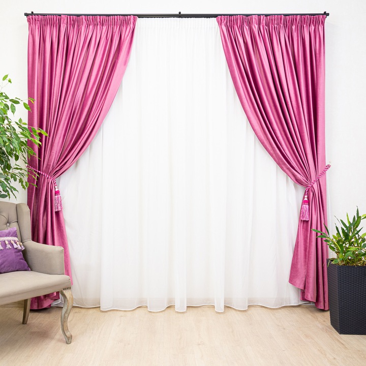Set 3 piese Hiko Comfy, 2 draperii catifea roz Flamingo Pink 300Lx245H cm, Blackout 80% si o perdea din voal Ana 600Lx245H pentru living, dormitor, camera copii, izolare termica si fonica, montaj usor, design si rejansa Premium creion de 6.5cm