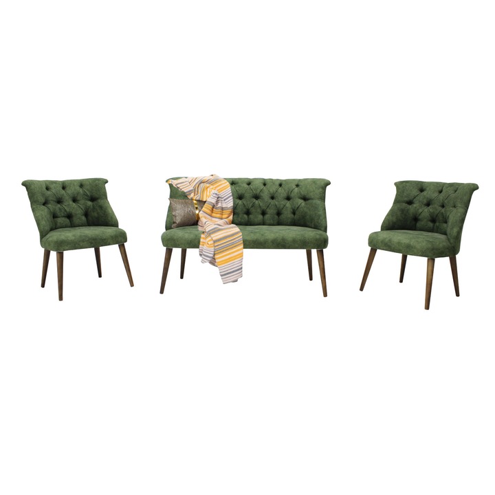 Set canapea ELLA cu 2 fotolii, picioare din lemn, tapiterie din material textil, verde, 116x60 cm