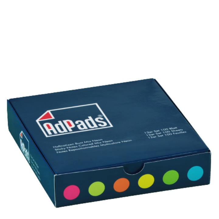 Set Note lipicioase autoadezive, AdPads®, 75 x 70 mm, 12 blocuri a cate 100 de coli, Neon